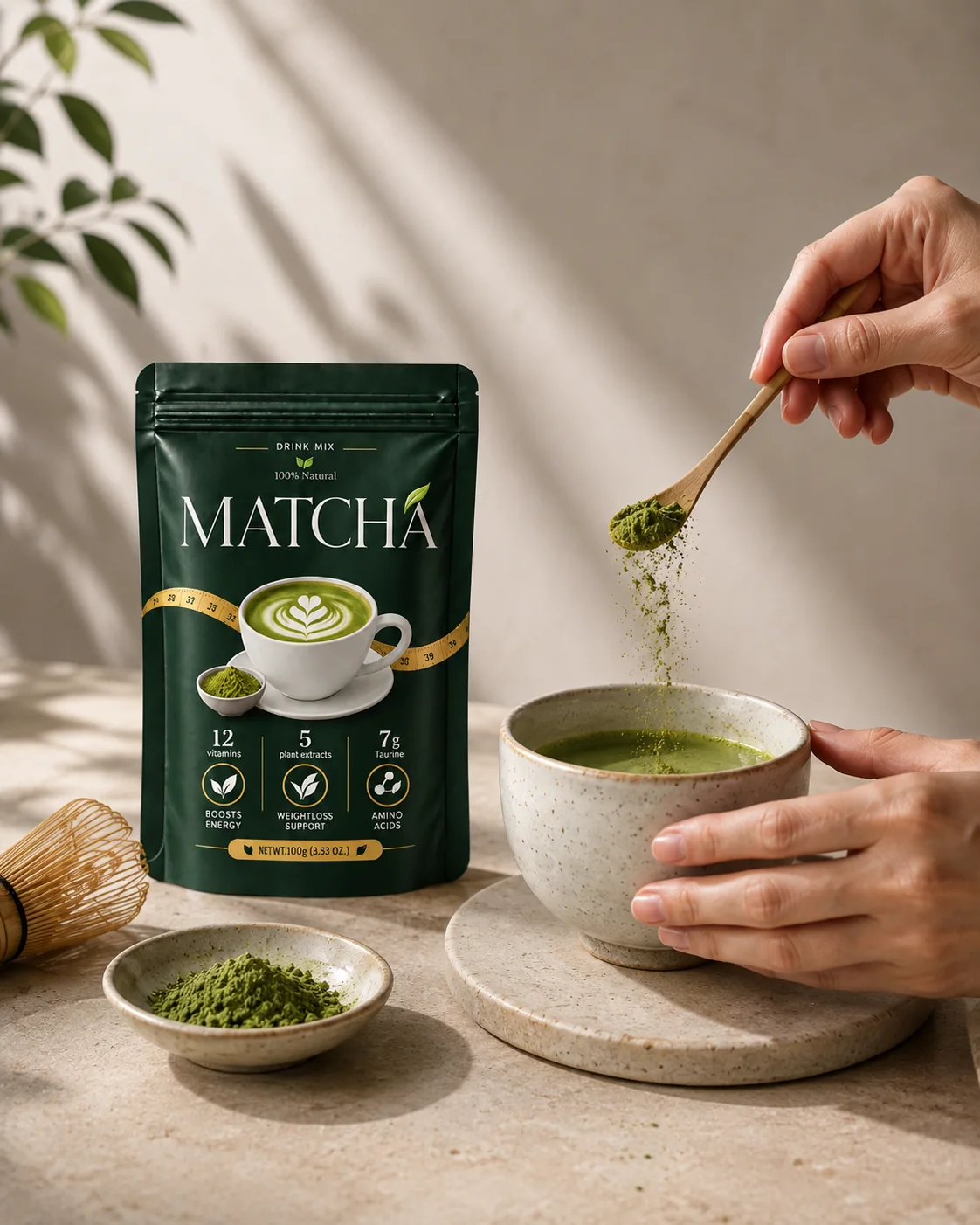 Mână care adaugă pudră Matcha într-o cană